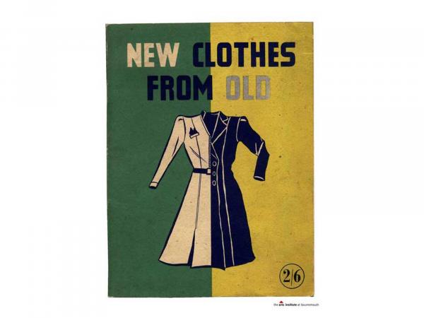 View of the front cover of the New Clothes from Old publication showing a dress made up of one style on the left side and another on the right.