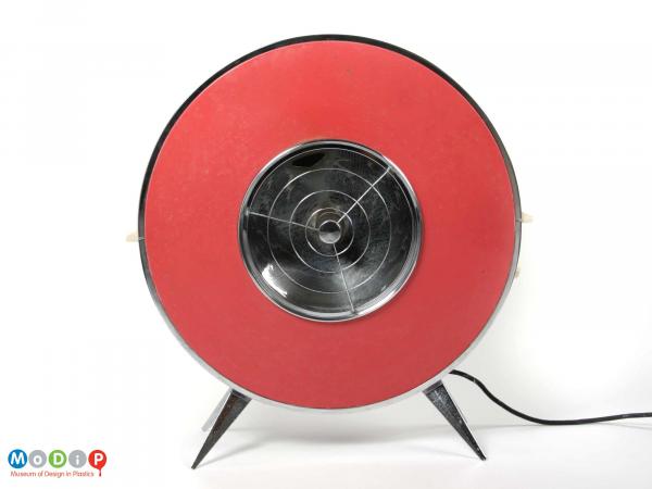 Front view of a Sofono electric heater showing the angular legs at the base and the red frontage.