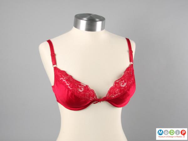 Front view of an underwired bra showing the lace edging.