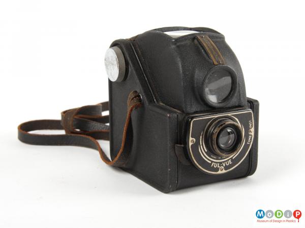 Front view of a camera showing the large view finder.