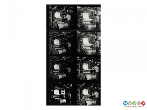 Scanned image showing a contact sheet of 8 images of a male worker operating a machine making bread bags.