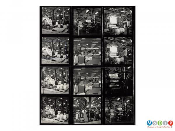 Scanned image showing 12 conact images of various views of a bag production line.