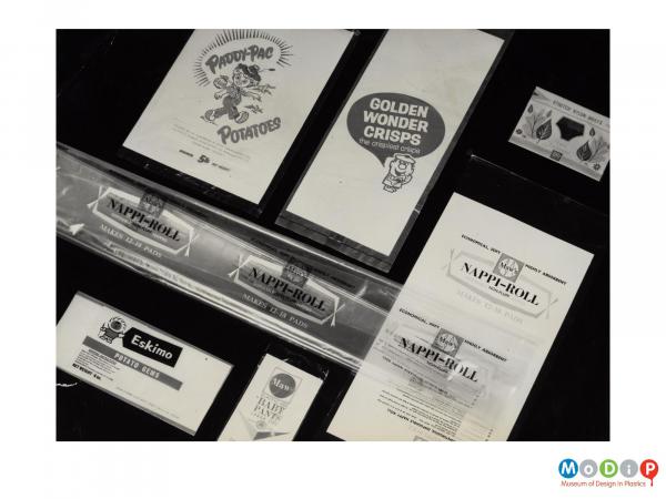 Scanned image showing a range of printed plastic packaging.