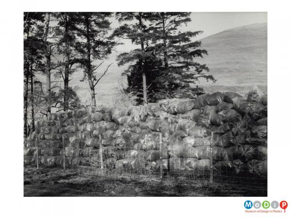 Scanned image showing a stack of bags filled with animal feed.