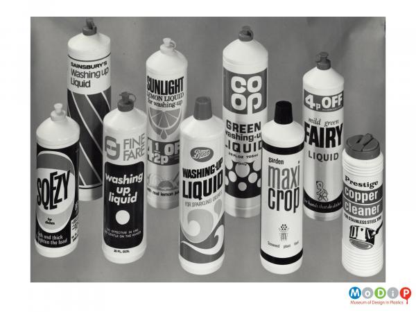 Scanned image showing a group of polythene bottles.