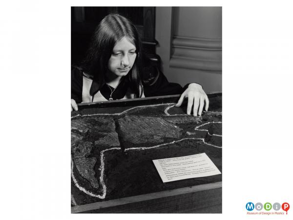 Scanned image showing a woman looking at a fossil contained within a sheet of plastazote foam.