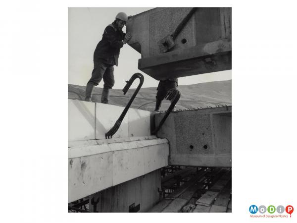 Scanned image showing sheets of Plastazote fixed in place as part of the construction of a bridge.