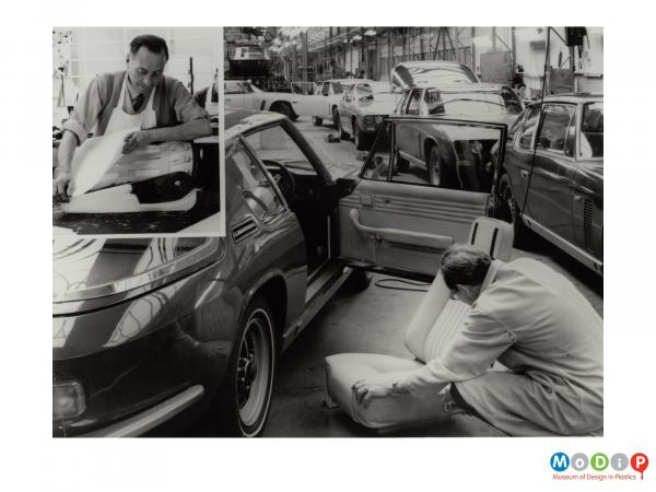 Scanned image showing a seat being fitted to a car with an inset image showing the seat being made.