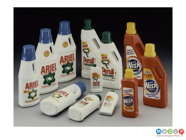 Scanned image showing a range of detergent bottles.
