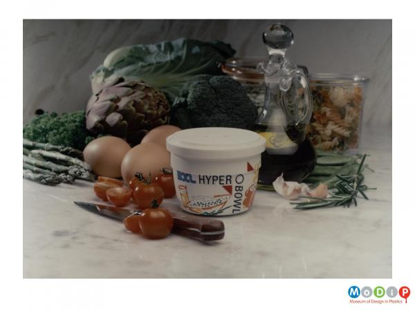 Scanned image showing a microwavable bowl surrounded by fresh ingredients.