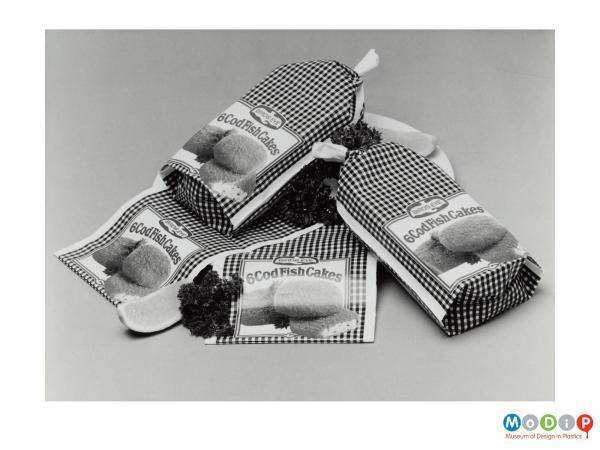 Scanned image showing printed packaging bags for fish cakes.