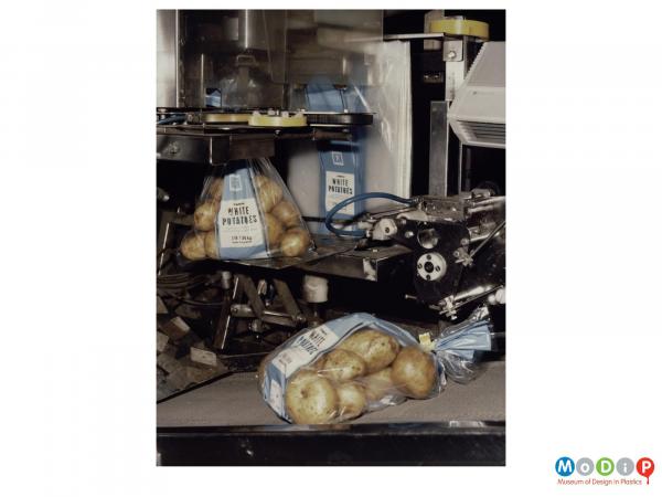 Scanned image showing sacks of potatoes being mechanically sealed.