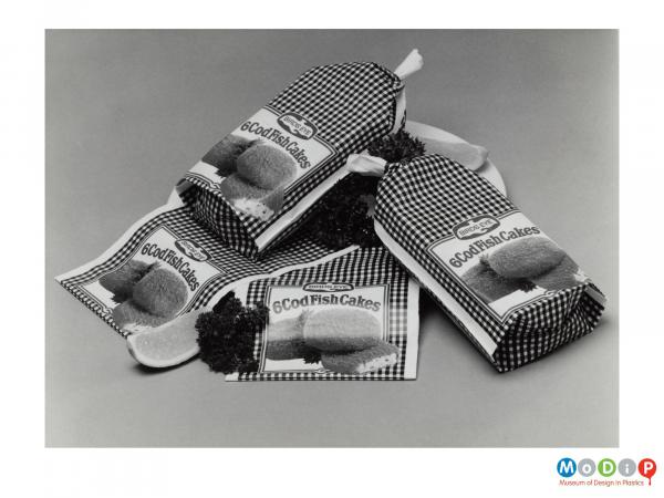 Scanned image showing packaging for fish cakes.