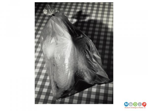 Scanned image showing a whole chicken in a bag.
