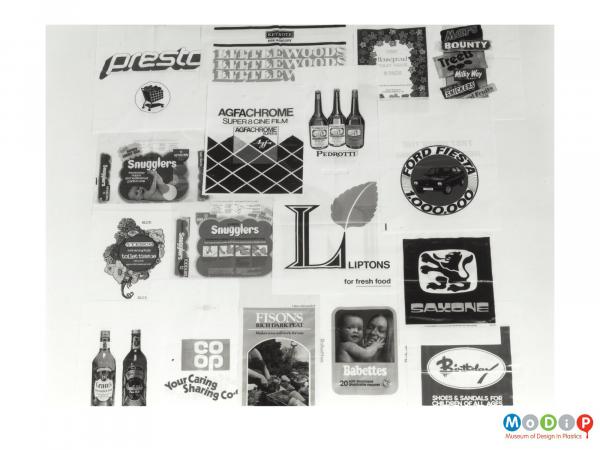 Scanned image showing printed packaging for a range of products.