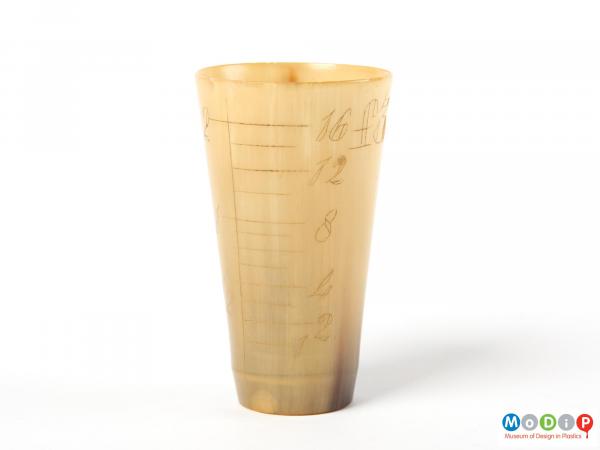 Side view of a beaker showing the measurement markings.