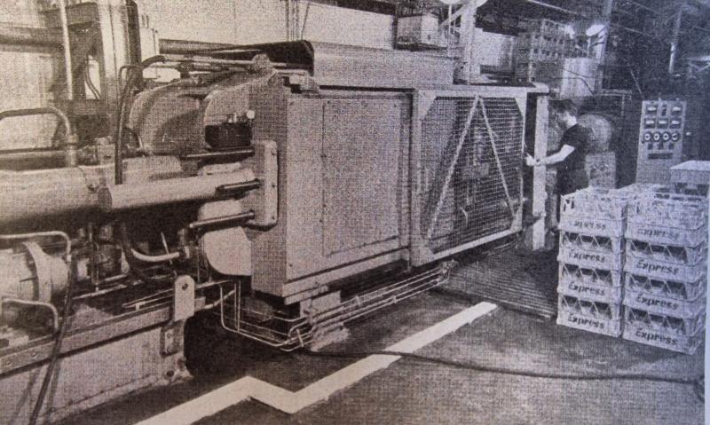 The Peco 60MR injection moulding machine used by Fisher and Ludlow to produce plastic crates. 