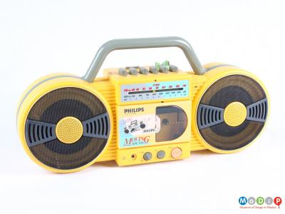 Front view of a cassette player showing the round speakers.