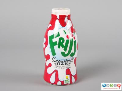 Side view of a Frijj bottle showing the illustrated wrapper.