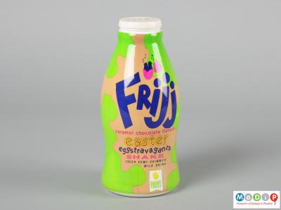 Side view of a Frijj bottle showing the illustrated wrapper.