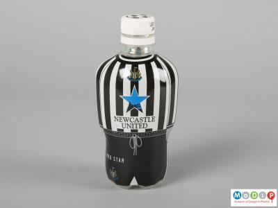 Front view of a football strip bottle showing the white cap and moulded arms.