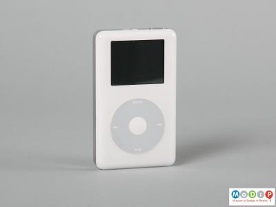 Front view of an Apple iPod showing the square screen and ring shaped control pad.