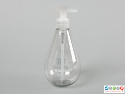 Side view of a handwash bottle showing the tear-drop shape.