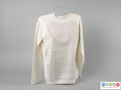 Front view of a jumper showing the patterned front panel.