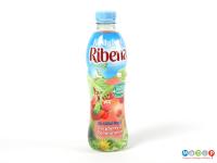 A bottle for Ribena with a multicoloured shrink wrapped cover and a pale blue lid.